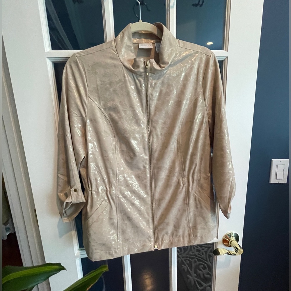 Chico’s subtle animal print jacket with drawstring at waistline.